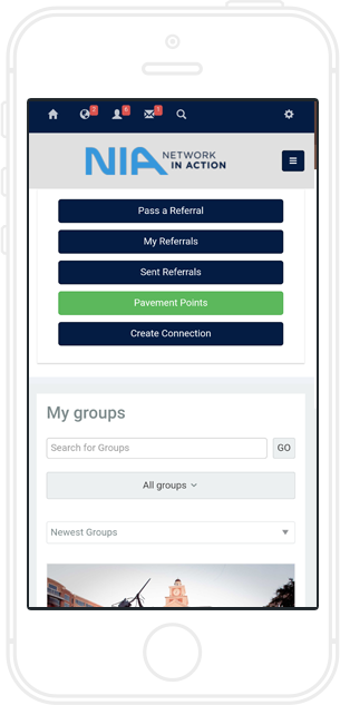 The NIA app, with options to pass a referral, see my referrals and create a connection