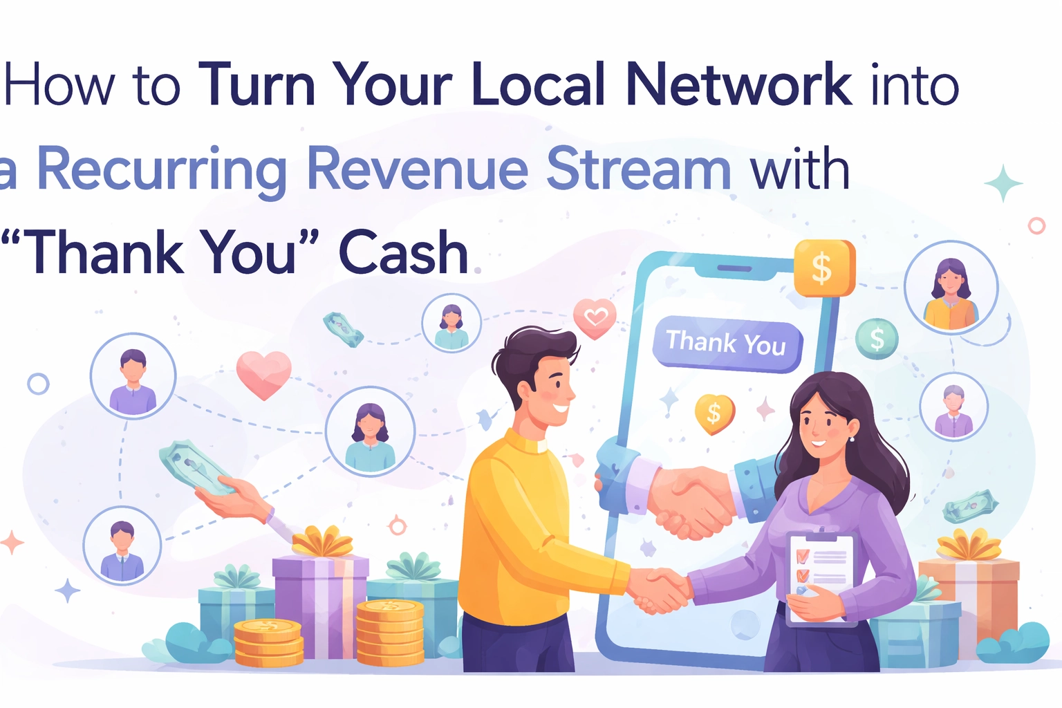 Illustration of two business professionals shaking hands, with a smartphone displaying "Thank You" cash rewards and icons representing networking connections, emphasizing monetizing local networks in Colorado Springs.