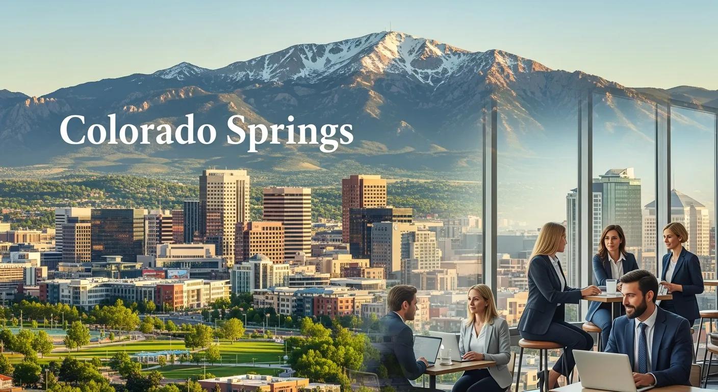 Colorado Springs skyline with mountains, professionals networking in modern office setting, emphasizing business growth and collaboration.