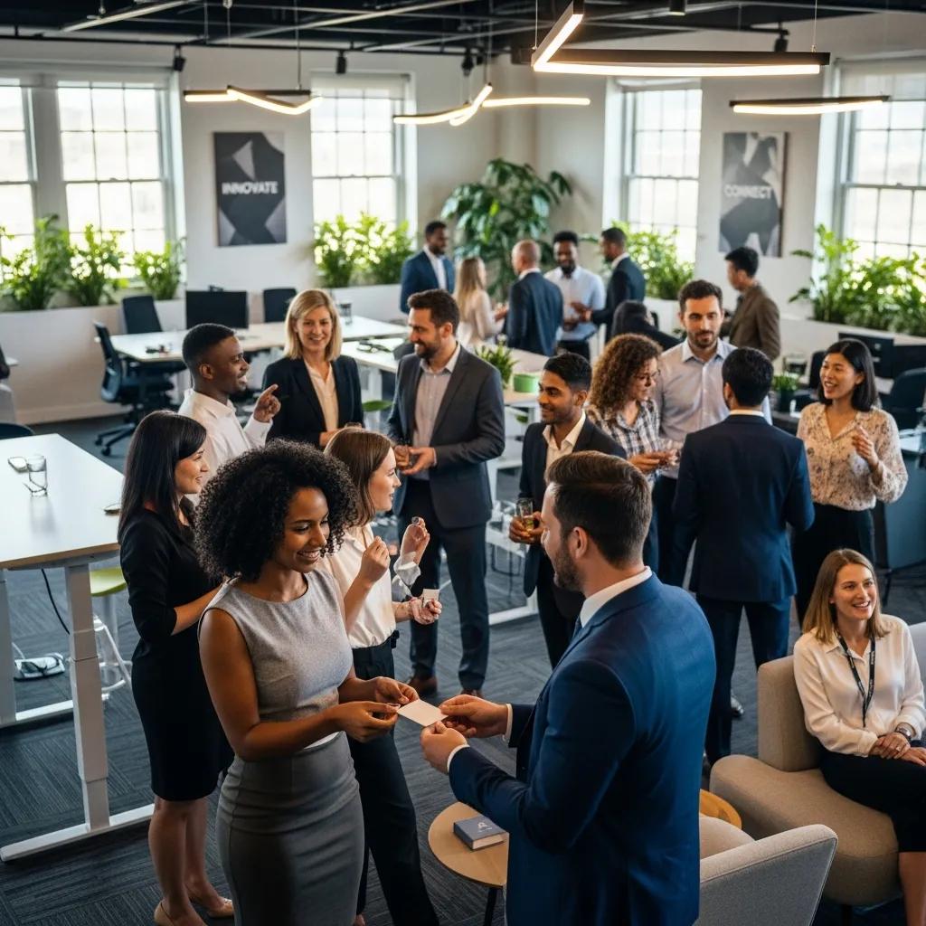 Diverse professionals networking in a modern office, exchanging business cards and engaging in conversation, emphasizing collaboration and business growth.