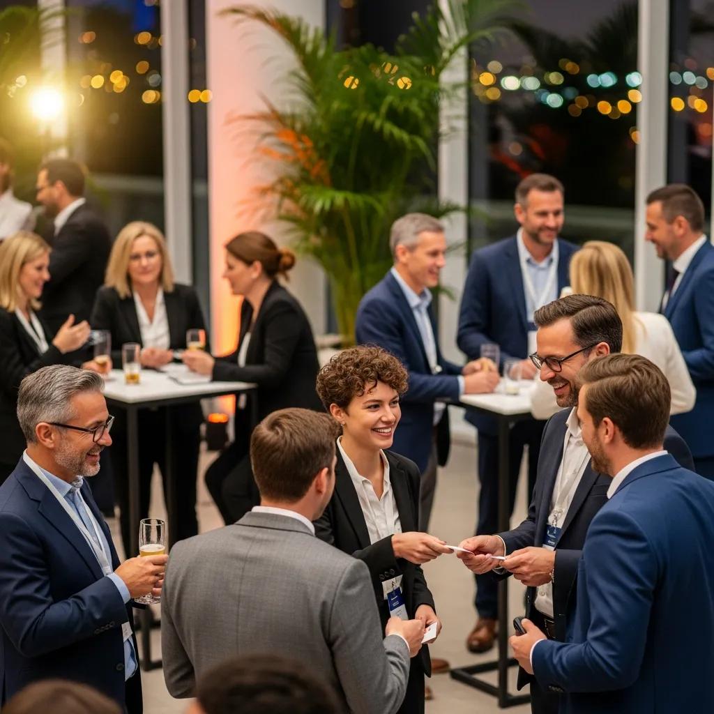 Entrepreneurs networking at a business event, showcasing collaboration and connection, with individuals exchanging business cards in a professional setting.