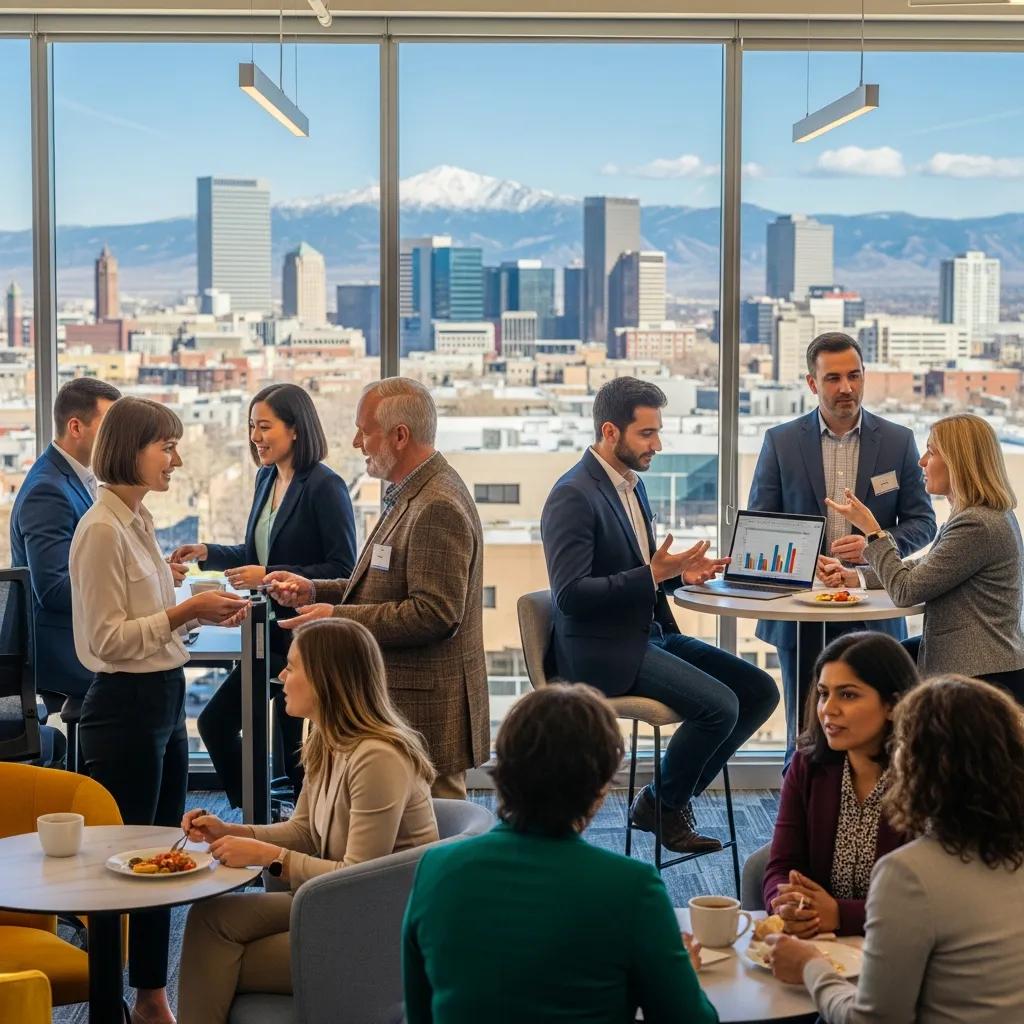 Networking event with diverse entrepreneurs engaging in discussions and sharing ideas in a modern office setting with a view of Colorado Springs skyline and mountains.